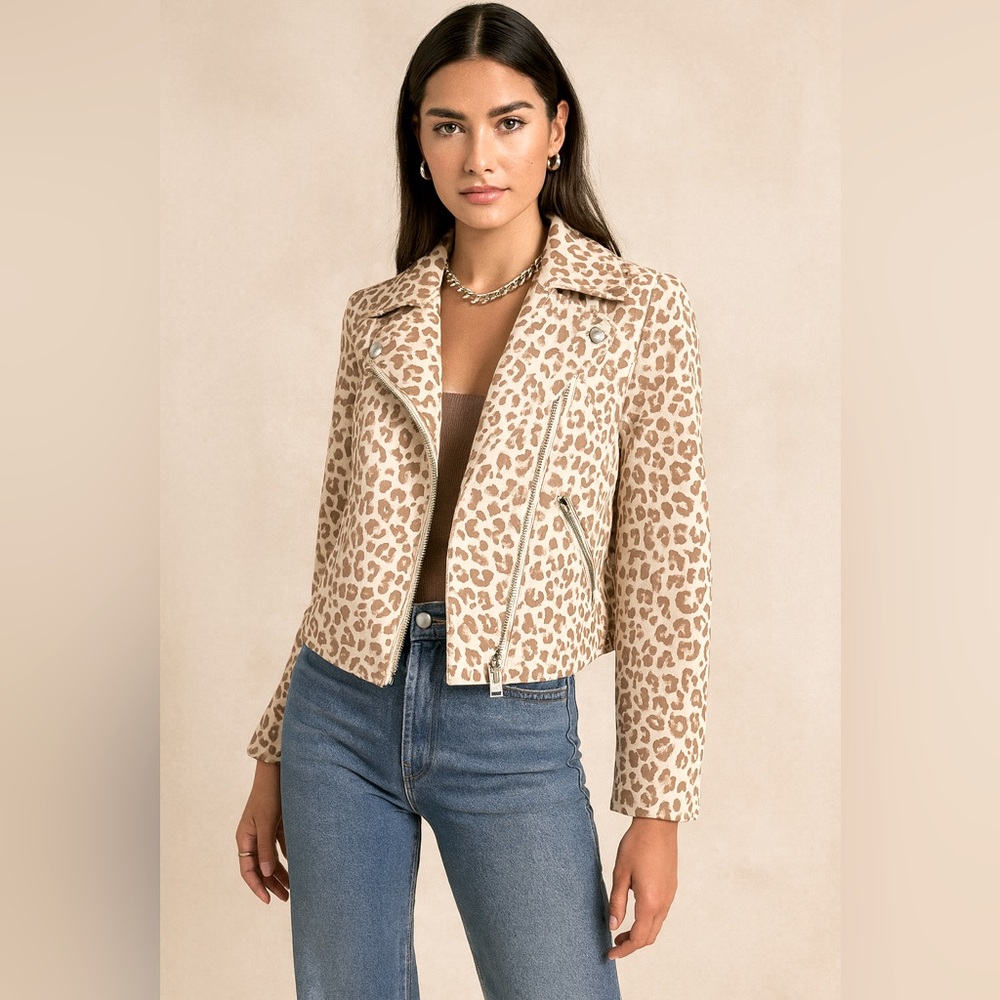 Adyson Parker Leopard Moto Jacket Size M Beige Tan Blush Silver Zipper Tailored